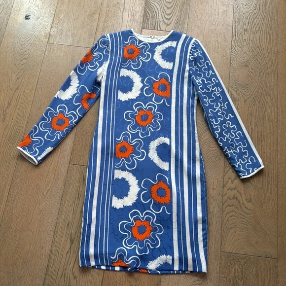 Vintage Long sleeve shift brocade blue orange silk mini dress - Picture 3 of 8